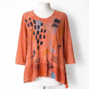 Jess & Jane Tunic Top Sz XL Mineral Washed Cotton Asymmetric Top Coral Artsy